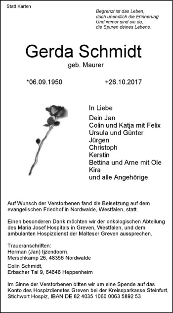 Anzeige von Gerda Schmidt von Westfälische Nachrichten