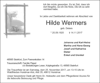 Anzeige von Hilde Wermers von Westfälische Nachrichten