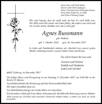 Anzeige von Agnes Bussmann von Westfälische Nachrichten