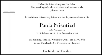 Anzeige von Paula Nientied von Westfälische Nachrichten
