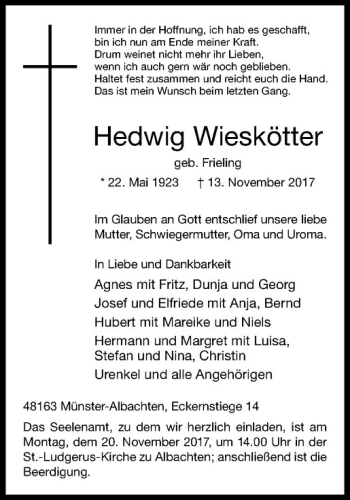 Anzeige von Hedwig Wieskötter von Westfälische Nachrichten