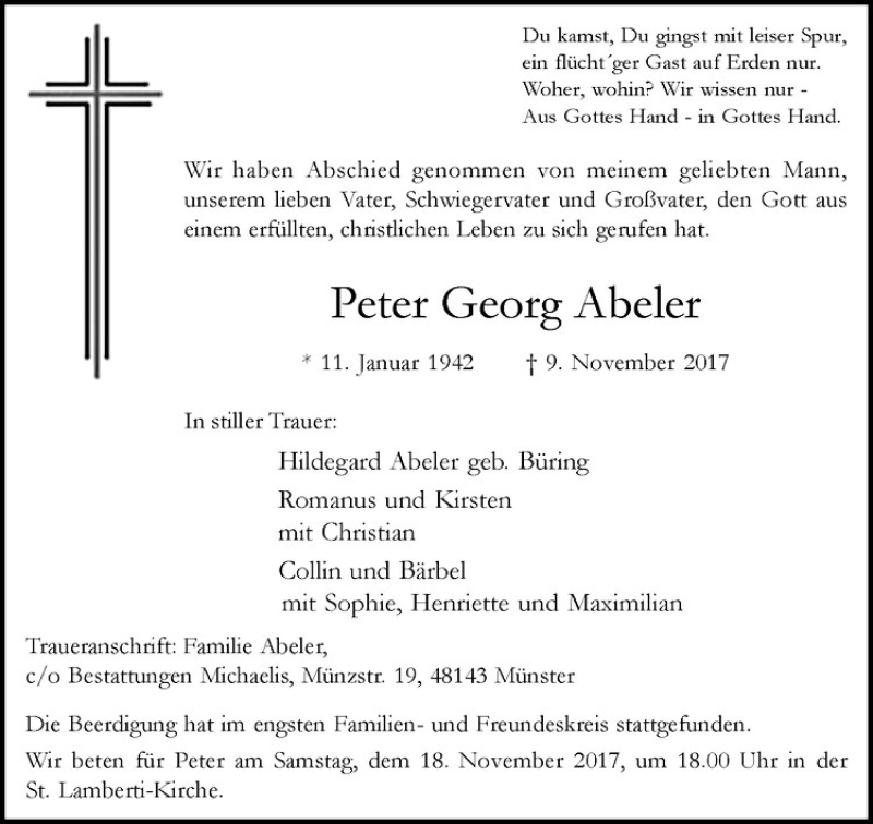  Traueranzeige für Peter Georg Abeler vom 18.11.2017 aus Westfälische Nachrichten