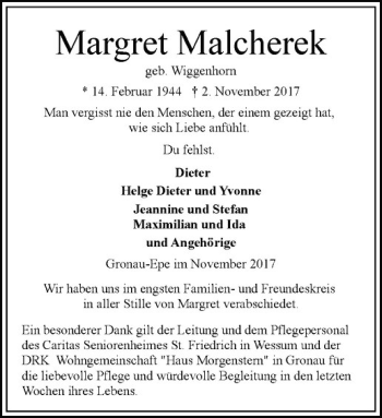 Anzeige von Margret Malcherek von Westfälische Nachrichten