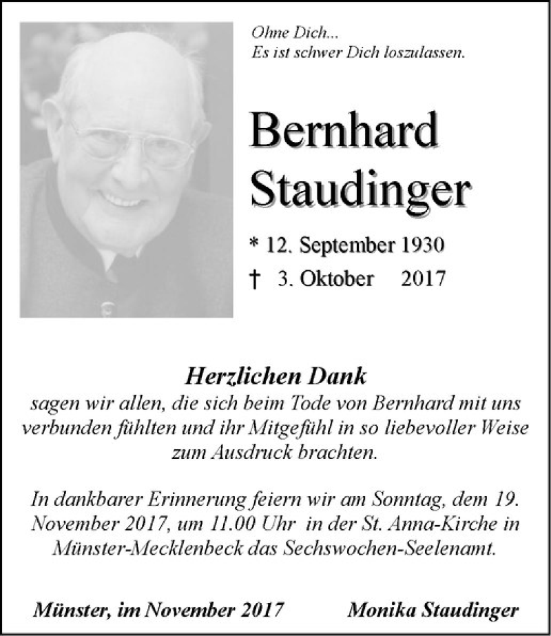  Traueranzeige für Bernhard Staudinger vom 15.11.2017 aus Westfälische Nachrichten