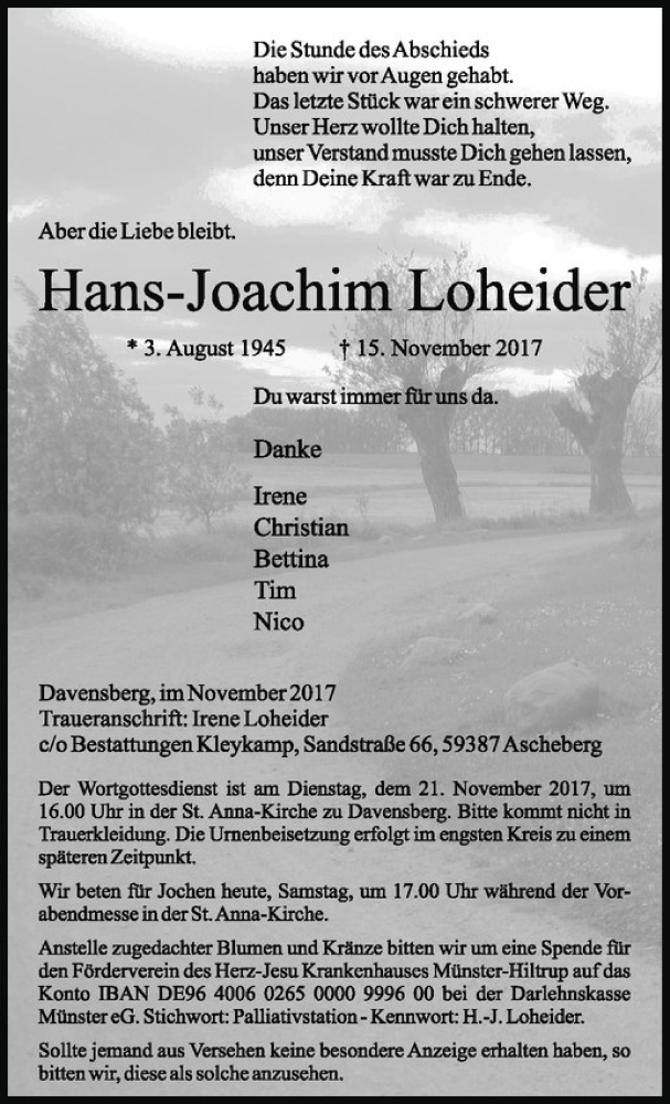  Traueranzeige für Hans-Joachim Loheider vom 18.11.2017 aus Westfälische Nachrichten
