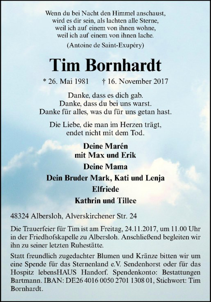  Traueranzeige für Tim Bornhardt vom 22.11.2017 aus Westfälische Nachrichten