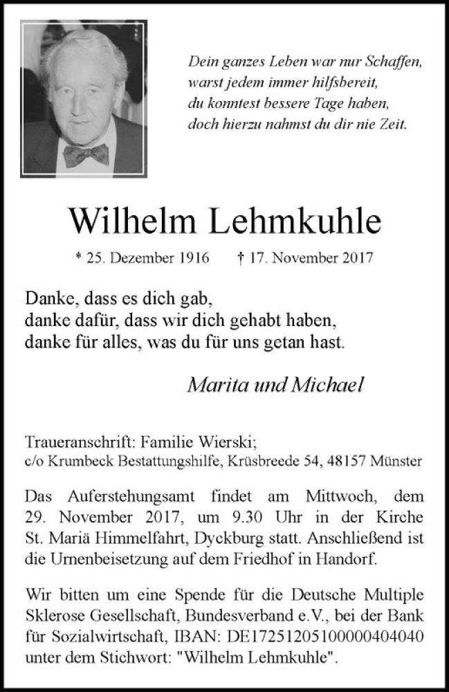  Traueranzeige für Wilhelm Lehmkuhle vom 23.11.2017 aus Westfälische Nachrichten