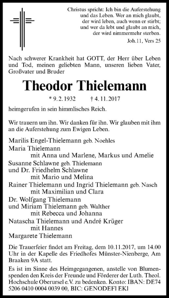  Traueranzeige für Theodor Thielemann vom 07.11.2017 aus Westfälische Nachrichten