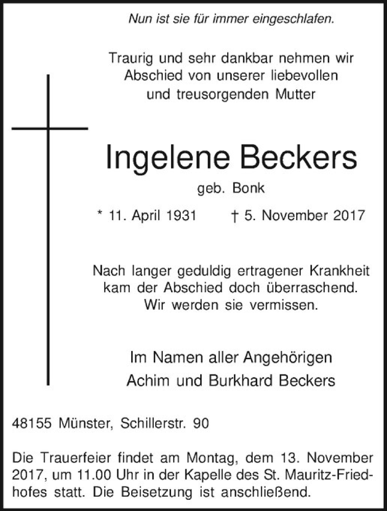  Traueranzeige für Ingelene Beckers vom 08.11.2017 aus Westfälische Nachrichten