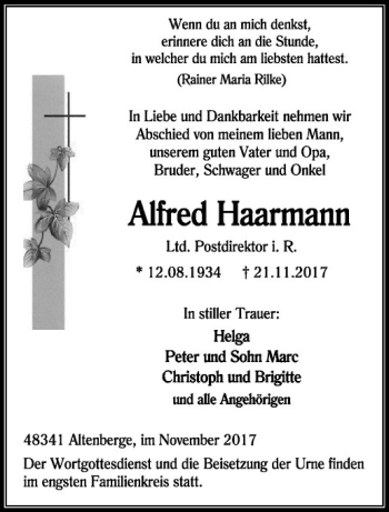 Anzeige von Alfred Haarmann von Westfälische Nachrichten