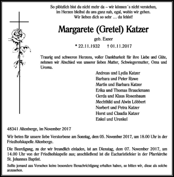 Anzeige von Margarete Katzer von Westfälische Nachrichten