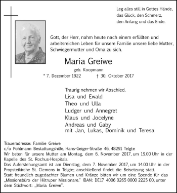 Anzeige von Maria Greiwe von Westfälische Nachrichten