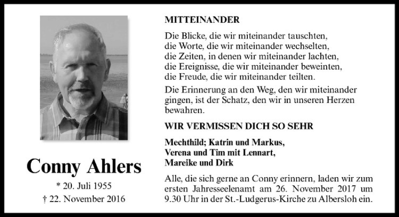  Traueranzeige für Conny Ahlers vom 18.11.2017 aus Westfälische Nachrichten