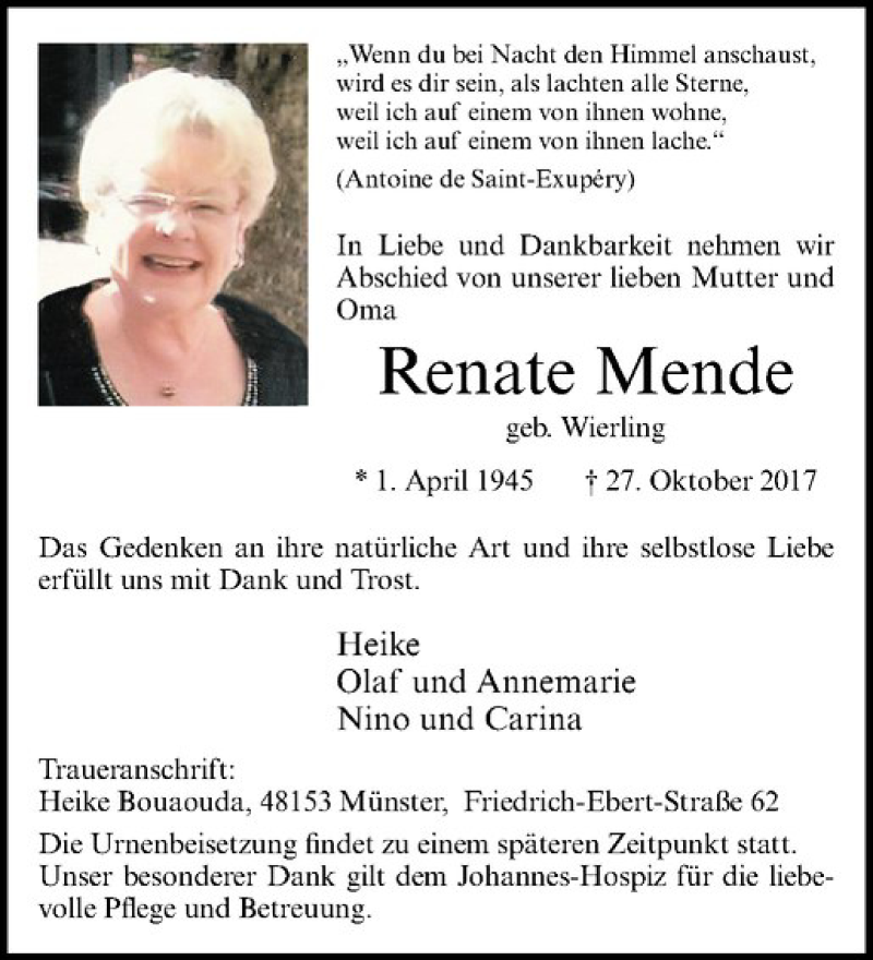  Traueranzeige für Renate Mende vom 31.10.2017 aus Westfälische Nachrichten