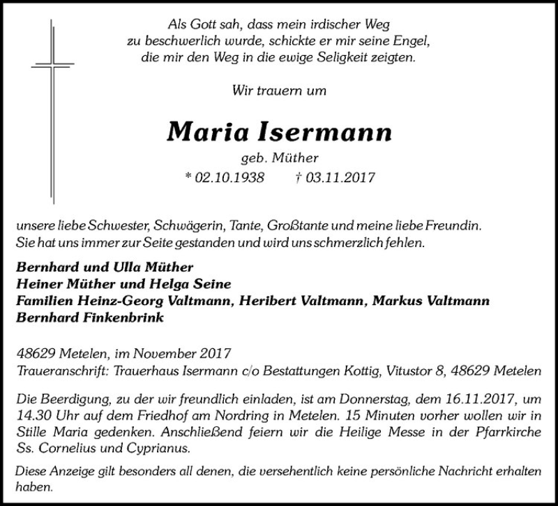  Traueranzeige für Maria Isermann vom 13.11.2017 aus Westfälische Nachrichten