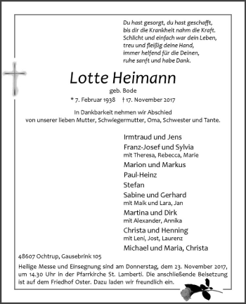 Anzeige von Lotte Heimann von Westfälische Nachrichten