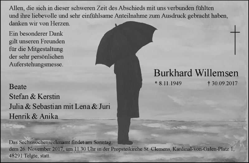  Traueranzeige für Burkhard Willemsen vom 18.11.2017 aus Westfälische Nachrichten