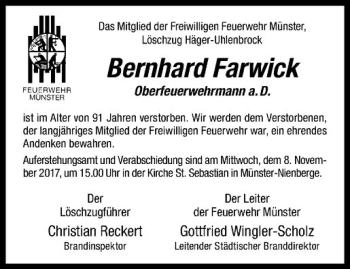 Anzeige von Bernhard Farwick von Westfälische Nachrichten