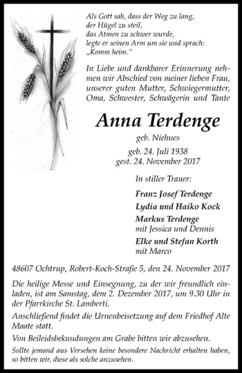 Anzeige von Anna Terdenge von Westfälische Nachrichten