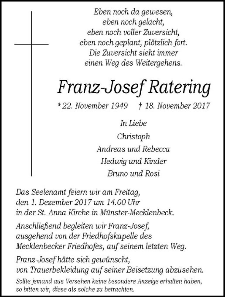  Traueranzeige für Franz-Josef Ratering vom 25.11.2017 aus Westfälische Nachrichten