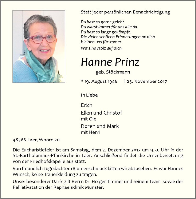  Traueranzeige für Hanne Prinz vom 29.11.2017 aus Westfälische Nachrichten