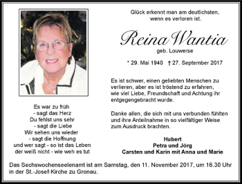 Anzeige von Reina Wantia von Westfälische Nachrichten