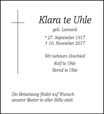 Anzeige von Klara te Uhle Leonard von Westfälische Nachrichten