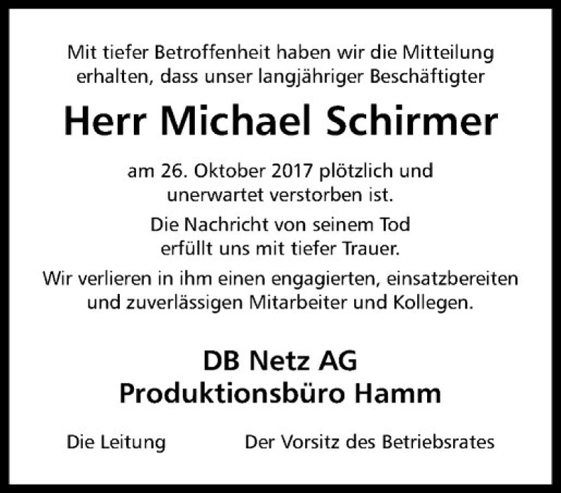  Traueranzeige für Michael Schirmer vom 11.11.2017 aus Westfälische Nachrichten