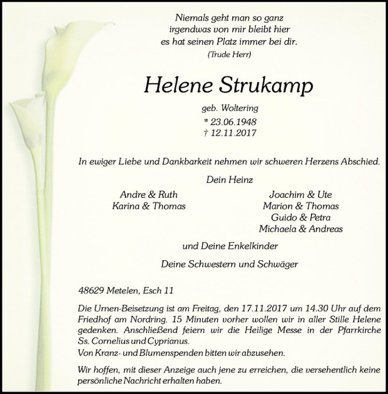  Traueranzeige für Helene Strukamp vom 16.11.2017 aus Westfälische Nachrichten