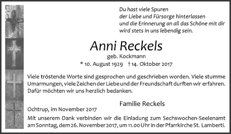  Traueranzeige für Anni Reckels vom 22.11.2017 aus Westfälische Nachrichten
