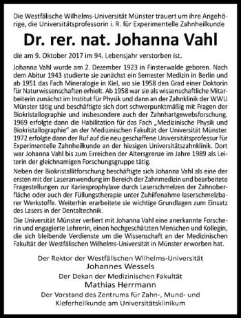Anzeige von Johanna Vahl von Westfälische Nachrichten