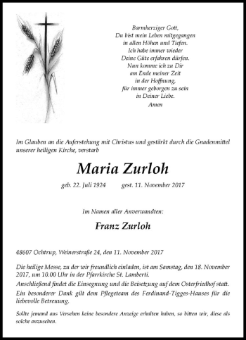 Anzeige von Franz Zurloh von Westfälische Nachrichten