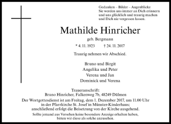 Anzeige von Mathilde Hinricher von Westfälische Nachrichten