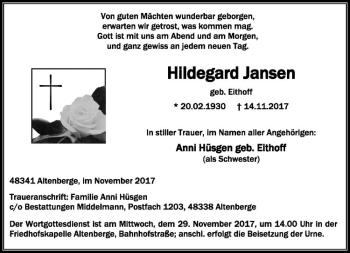 Anzeige von Hildegard Jansen von Westfälische Nachrichten