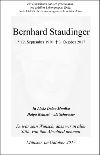 Anzeige von Bernhard Staudinger von Westfälische Nachrichten