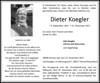 Anzeige von Dieter Koegler von Westfälische Nachrichten