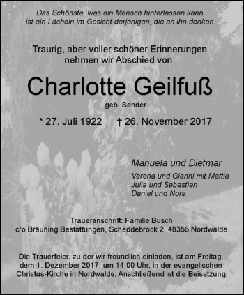 Anzeige von Charlotte Geilfuß von Westfälische Nachrichten