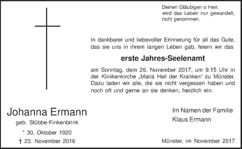  Traueranzeige für Johanna Ermann vom 18.11.2017 aus Westfälische Nachrichten