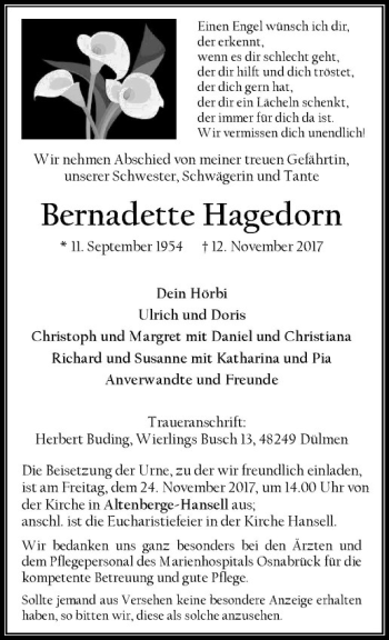 Anzeige von Bernadette Hagedorn von Westfälische Nachrichten