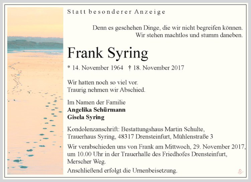  Traueranzeige für Frank Syring vom 25.11.2017 aus Westfälische Nachrichten