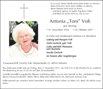 Anzeige von Antonia Voß von Westfälische Nachrichten