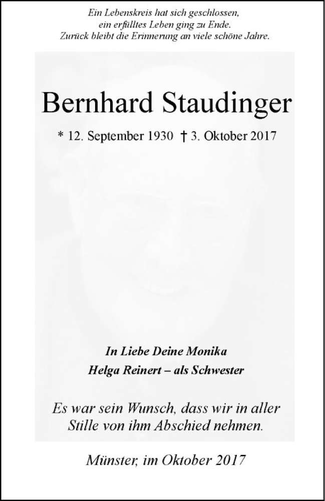  Traueranzeige für Bernhard Staudinger vom 11.10.2017 aus Westfälische Nachrichten