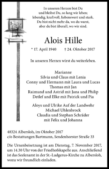 Anzeige von Alois Hille von Westfälische Nachrichten