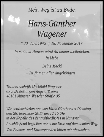 Anzeige von Hans-Günther Wagener von Westfälische Nachrichten