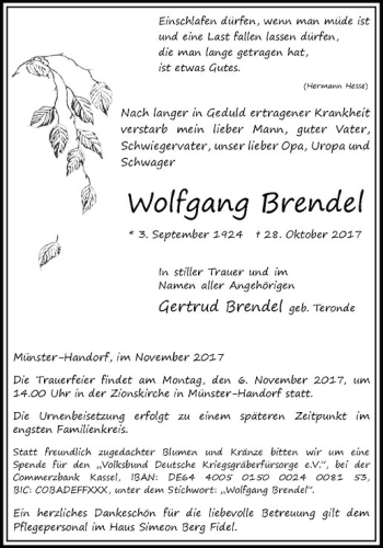 Anzeige von Wolfgang Brendel von Westfälische Nachrichten