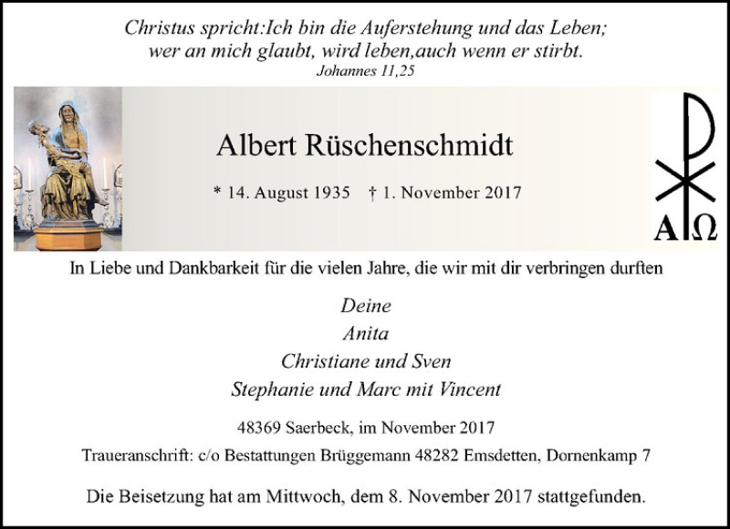  Traueranzeige für Albert Rüschenschmidt vom 09.11.2017 aus Westfälische Nachrichten