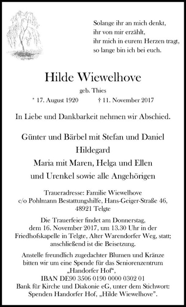  Traueranzeige für Hilde Wiewelhove vom 14.11.2017 aus Westfälische Nachrichten