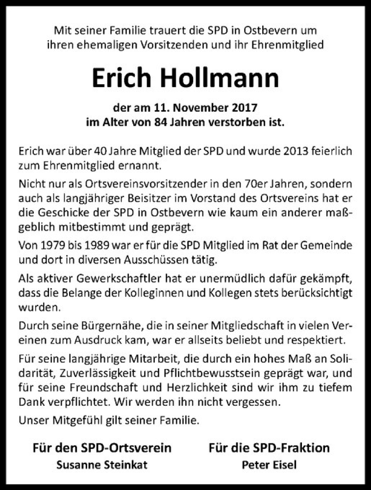  Traueranzeige für Erich Hollmann vom 16.11.2017 aus Westfälische Nachrichten