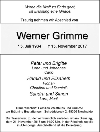 Anzeige von Werner Grimme von Westfälische Nachrichten
