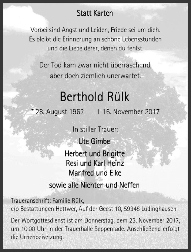  Traueranzeige für Berthold Rülk vom 21.11.2017 aus Westfälische Nachrichten